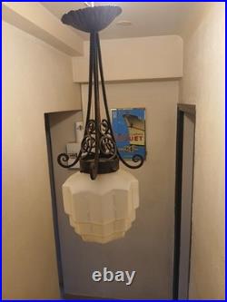 Suspension lustre fer forgé Art Déco Skyscraper en verre