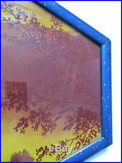 Tableau PLAQUE DE VERRE Paysage gravé acide peinture fixée sous verre Art Déco