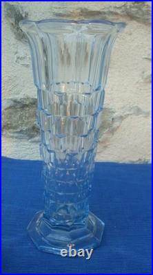 V72 Joli Grand Vase Verre Moulé D'ARGYL Bleuté Art Déco Géométrique