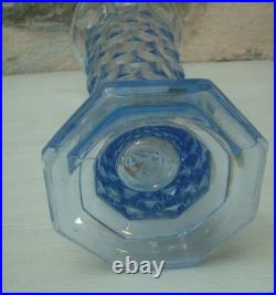 V72 Joli Grand Vase Verre Moulé D'ARGYL Bleuté Art Déco Géométrique