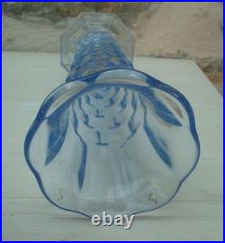 V72 Joli Grand Vase Verre Moulé D'ARGYL Bleuté Art Déco Géométrique