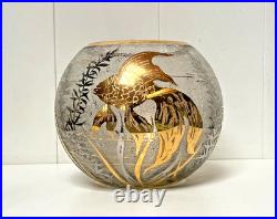 VASE VERRE GRAVÉ À L'ACIDE DÉCOR DE POISSON RÉHAUT DORÉ & ARGENTÉ ART DÉCO XXème