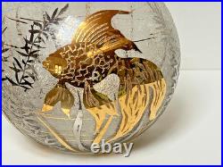 VASE VERRE GRAVÉ À L'ACIDE DÉCOR DE POISSON RÉHAUT DORÉ & ARGENTÉ ART DÉCO XXème