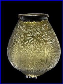 VERLYS France, vase Ancien verre moulé pressé fumé, Les Perruches, Art Déco