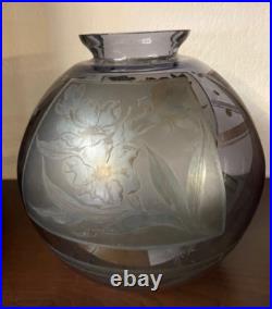 Vase Art Deco D'argyl Annees 30 En Verre Souffle Et Decor Floral A L'acide