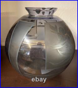 Vase Art Deco D'argyl Annees 30 En Verre Souffle Et Decor Floral A L'acide