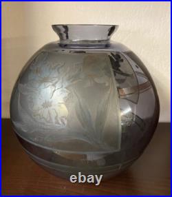 Vase Art Deco D'argyl Annees 30 En Verre Souffle Et Decor Floral A L'acide
