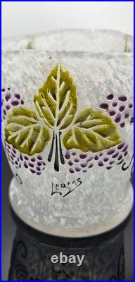 Vase Art Déco LEGRAS en verre givré Décor de Vigne & Raisins émaillés, c. 1930