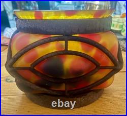 Vase Art Déco Verre Marmoréen & Fer Forgé Style Schneider 3,7kg 1930