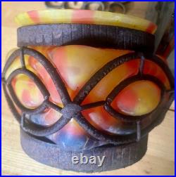 Vase Art Déco Verre Marmoréen & Fer Forgé Style Schneider 3,7kg 1930