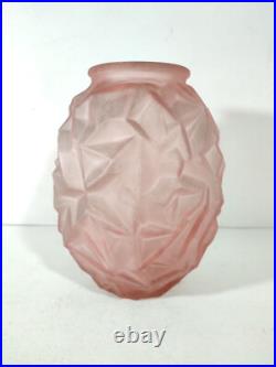 Vase Art Déco en Verre Givré Rose / 1930's