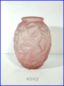 Vase Art Déco en Verre Givré Rose / 1930's