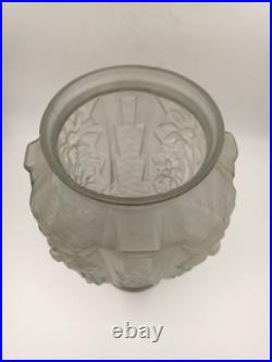 Vase Art Déco verre moulé pressé Gris Floral Géométrique France 1920 1930