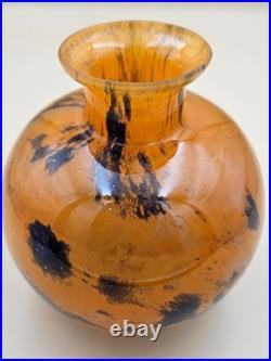 Vase Boule verre marmoréen signé Lorrain art déco Nancy orange noir 14 cm as new