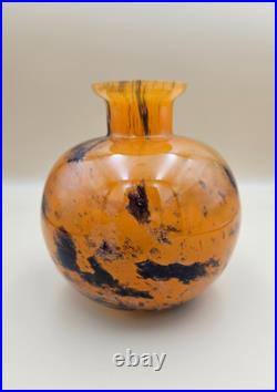 Vase Boule verre marmoréen signé Lorrain art déco Nancy orange noir 14 cm as new