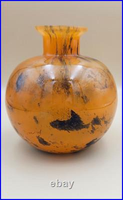 Vase Boule verre marmoréen signé Lorrain art déco Nancy orange noir 14 cm as new