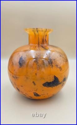 Vase Boule verre marmoréen signé Lorrain art déco Nancy orange noir 14 cm as new