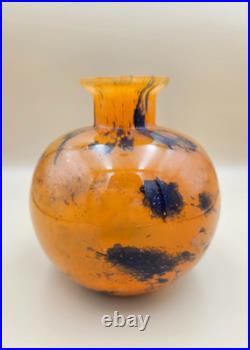 Vase Boule verre marmoréen signé Lorrain art déco Nancy orange noir 14 cm as new
