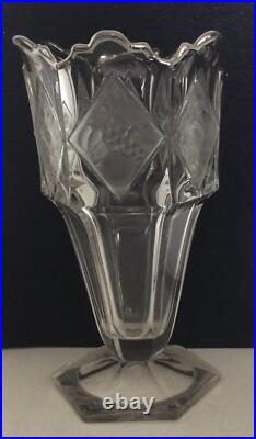Vase Cristal Hexagonal 6 Décors En Losange Fleurs & Fruits Opalescents Art Déco