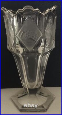 Vase Cristal Hexagonal 6 Décors En Losange Fleurs & Fruits Opalescents Art Déco