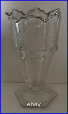 Vase Cristal Hexagonal 6 Décors En Losange Fleurs & Fruits Opalescents Art Déco
