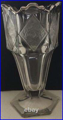 Vase Cristal Hexagonal 6 Décors En Losange Fleurs & Fruits Opalescents Art Déco