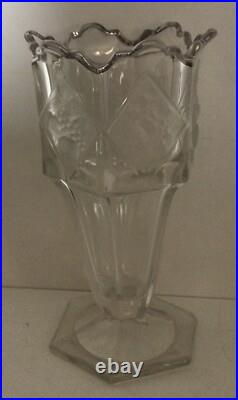 Vase Cristal Hexagonal 6 Décors En Losange Fleurs & Fruits Opalescents Art Déco