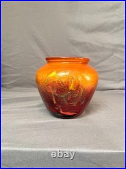 Vase Pot Pate Verre Soufflé Rouge Orange Laqué Marmoréen Signé Daté Art Déco