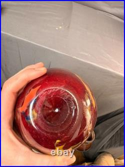 Vase Pot Pate Verre Soufflé Rouge Orange Laqué Marmoréen Signé Daté Art Déco