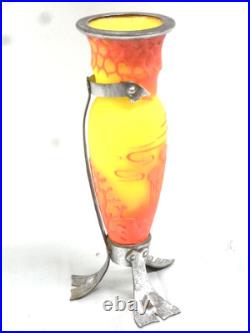 Vase Pte De Verre Orange Jaune Nancy Art Deco Nouveau Amphore Fer Forge