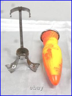 Vase Pte De Verre Orange Jaune Nancy Art Deco Nouveau Amphore Fer Forge