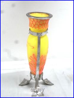 Vase Pte De Verre Orange Jaune Nancy Art Deco Nouveau Amphore Fer Forge