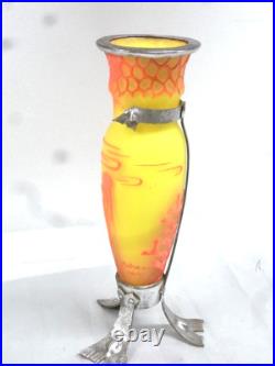 Vase Pte De Verre Orange Jaune Nancy Art Deco Nouveau Amphore Fer Forge
