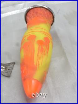Vase Pte De Verre Orange Jaune Nancy Art Deco Nouveau Amphore Fer Forge
