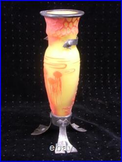 Vase Pte De Verre Orange Jaune Nancy Art Deco Nouveau Amphore Fer Forge