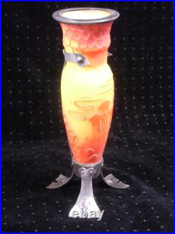 Vase Pte De Verre Orange Jaune Nancy Art Deco Nouveau Amphore Fer Forge