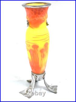Vase Pte De Verre Orange Jaune Nancy Art Deco Nouveau Amphore Fer Forge