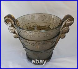Vase Verlys en Verre Moulé Pressé Fumé aux Algues Art Deco