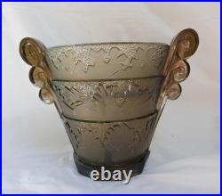 Vase Verlys en Verre Moulé Pressé Fumé aux Algues Art Deco