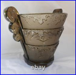 Vase Verlys en Verre Moulé Pressé Fumé aux Algues Art Deco