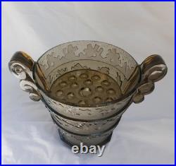 Vase Verlys en Verre Moulé Pressé Fumé aux Algues Art Deco