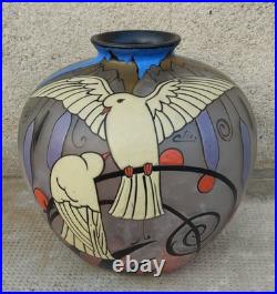 Vase verre émaillé l signé CLIO decor oiseaux ART DECO glass enameled birds