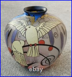 Vase verre émaillé l signé CLIO decor oiseaux ART DECO glass enameled birds