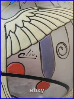 Vase verre émaillé l signé CLIO decor oiseaux ART DECO glass enameled birds