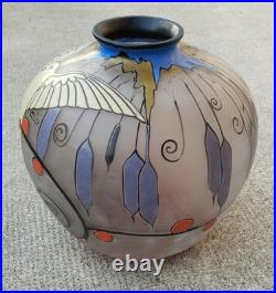 Vase verre émaillé l signé CLIO decor oiseaux ART DECO glass enameled birds