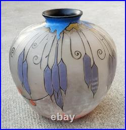 Vase verre émaillé l signé CLIO decor oiseaux ART DECO glass enameled birds