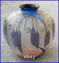 Vase verre émaillé l signé CLIO decor oiseaux ART DECO glass enameled birds