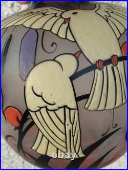 Vase verre émaillé l signé CLIO decor oiseaux ART DECO glass enameled birds