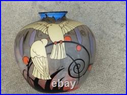 Vase verre émaillé l signé CLIO decor oiseaux ART DECO glass enameled birds