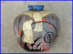Vase verre émaillé l signé CLIO decor oiseaux ART DECO glass enameled birds